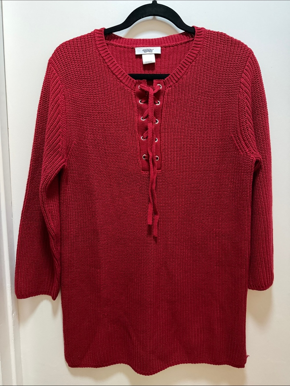 Country Store Lace-Up Knit Long Sleeve Sweater - Brick Red